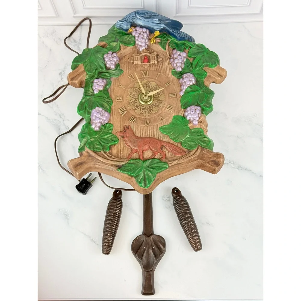 VTG 1970s Holland Mold Faux Cuckoo Clock Brass Woodland Fox Cardinal Bluejay